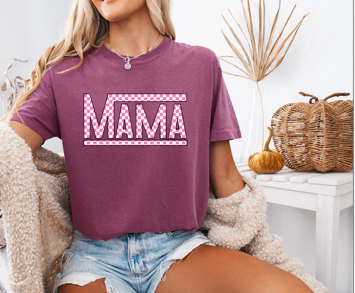 Pink Checkered Mama Shirt – Stylish & Comfortable Comfort Colors Tee for Race Moms