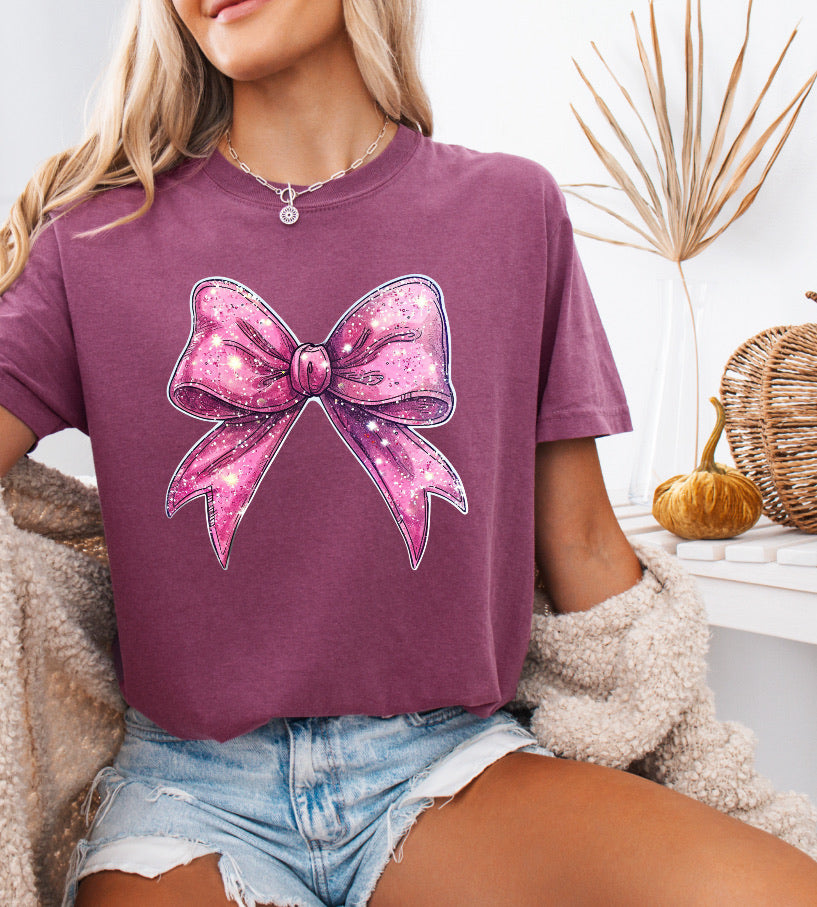 Glitter Pink Bow Shirt – Comfort Colors