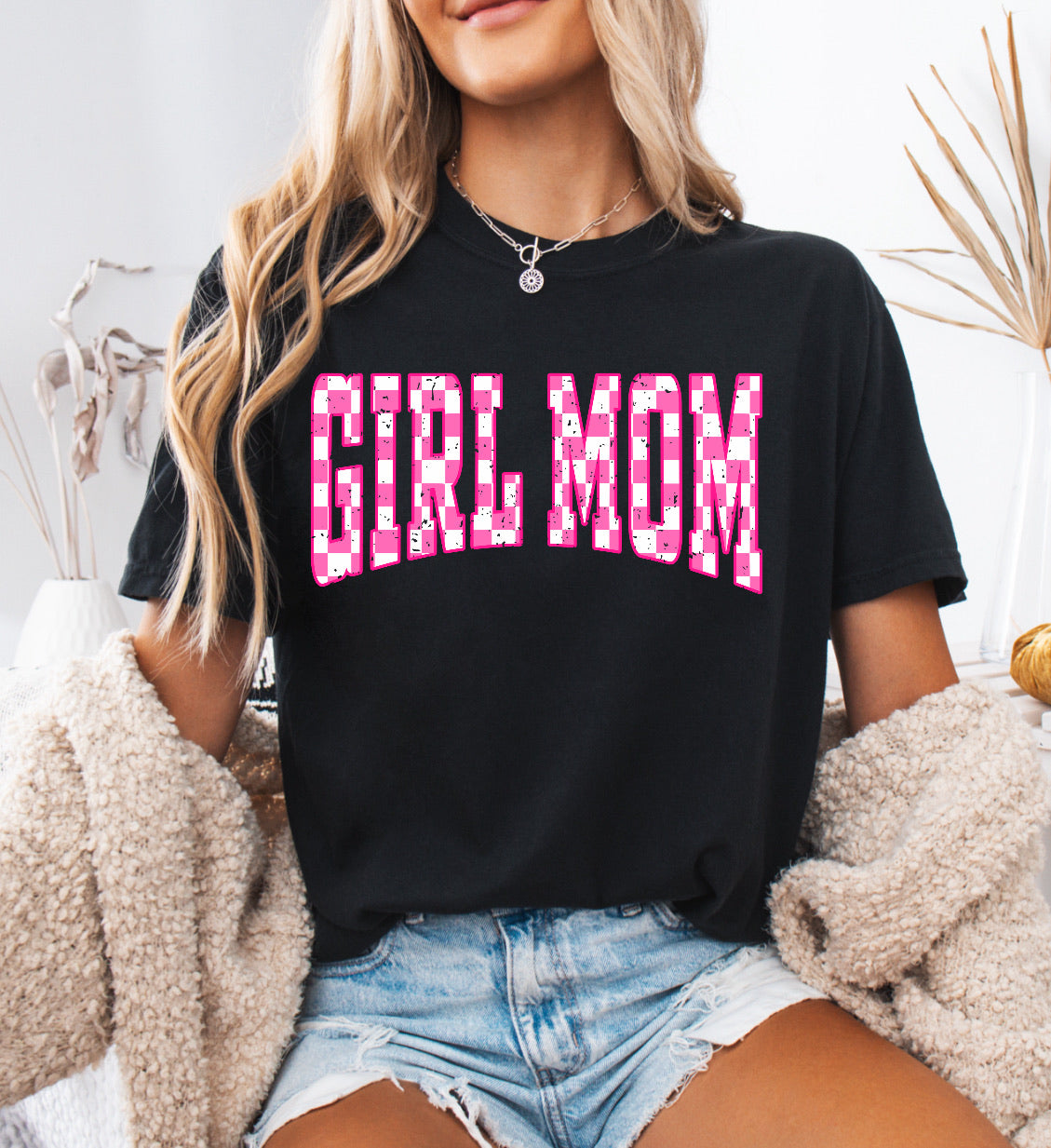 Pink and White Checkered Girl Mom Shirt – Stylish & Comfortable Comfort Colors Tee for Proud Moms