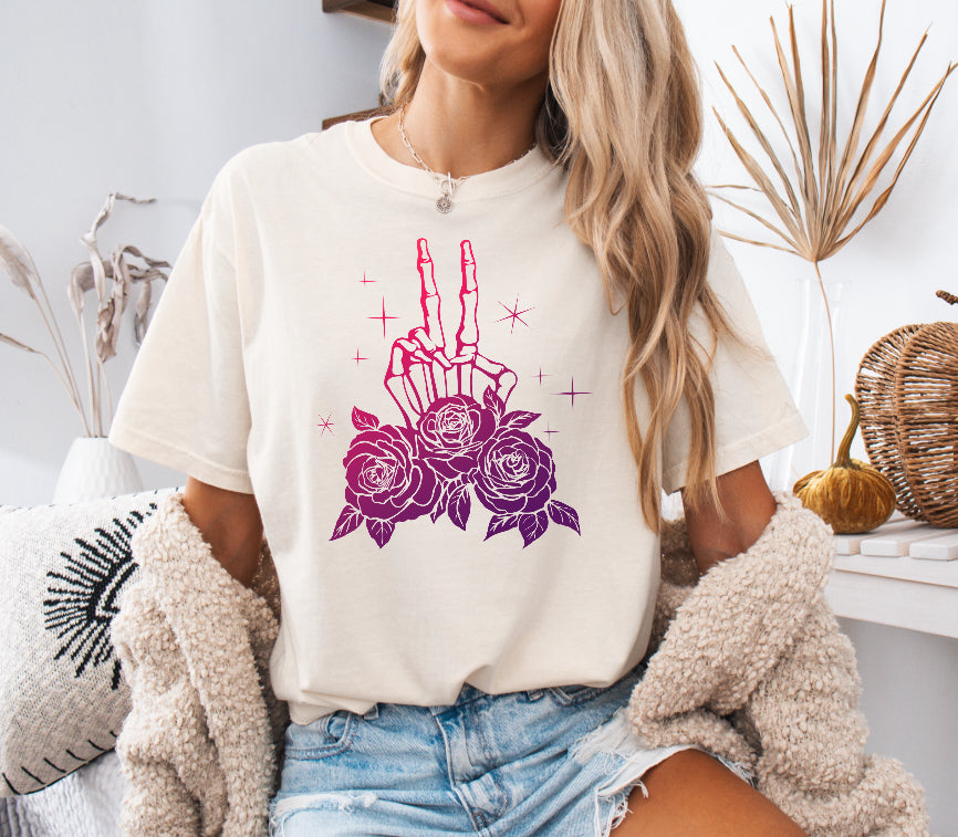 Floral Skeleton Peace Sign Shirt – Comfort Colors