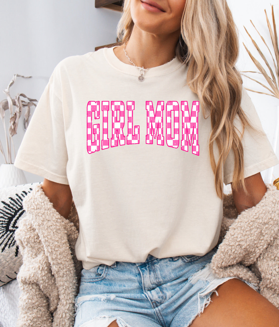 Pink and White Checkered Girl Mom Shirt – Stylish & Comfortable Comfort Colors Tee for Proud Moms