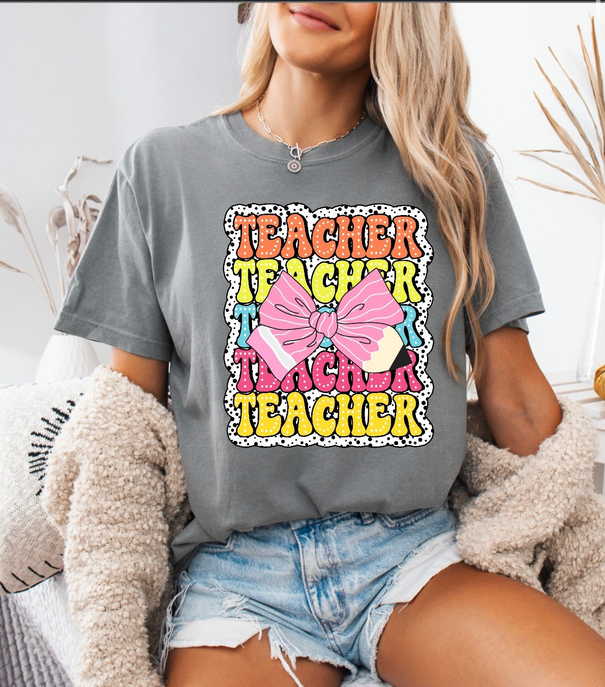 Teacher Teacher Teacher Pencil Bow Shirt – Comfort Colors