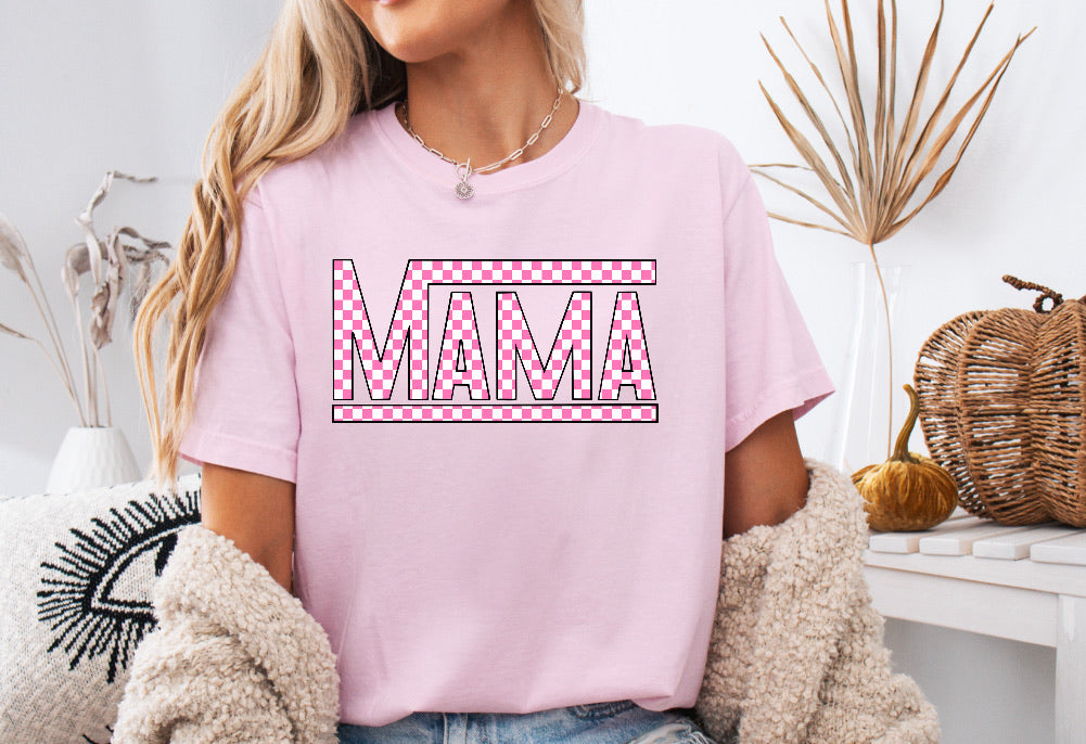 Pink Checkered Mama Shirt – Stylish & Comfortable Comfort Colors Tee for Race Moms