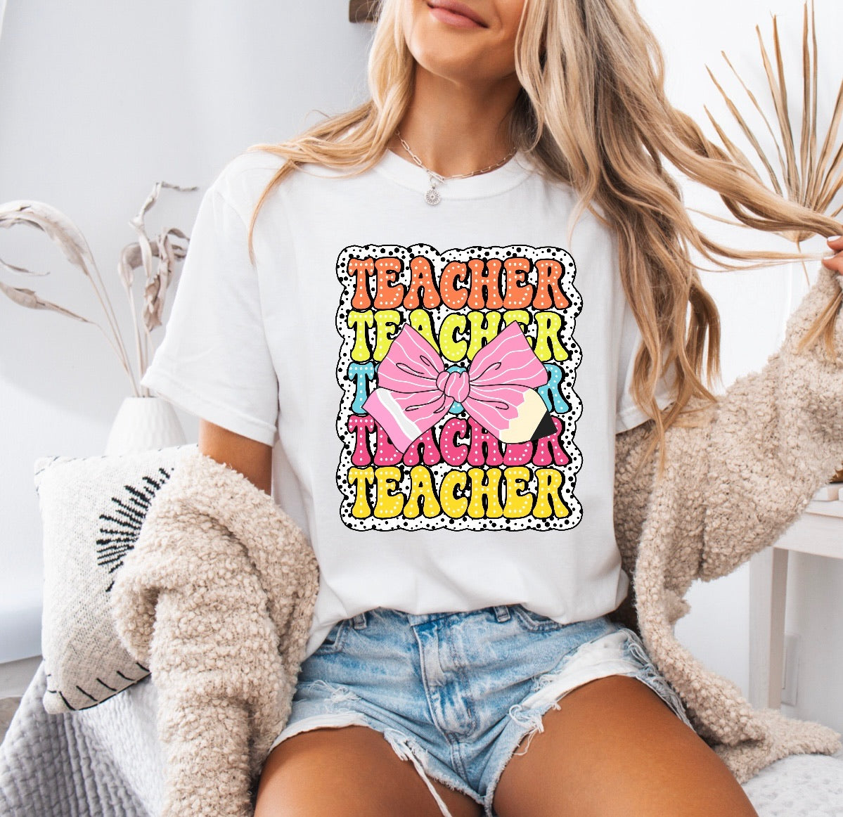 Teacher Teacher Teacher Pencil Bow Shirt – Comfort Colors
