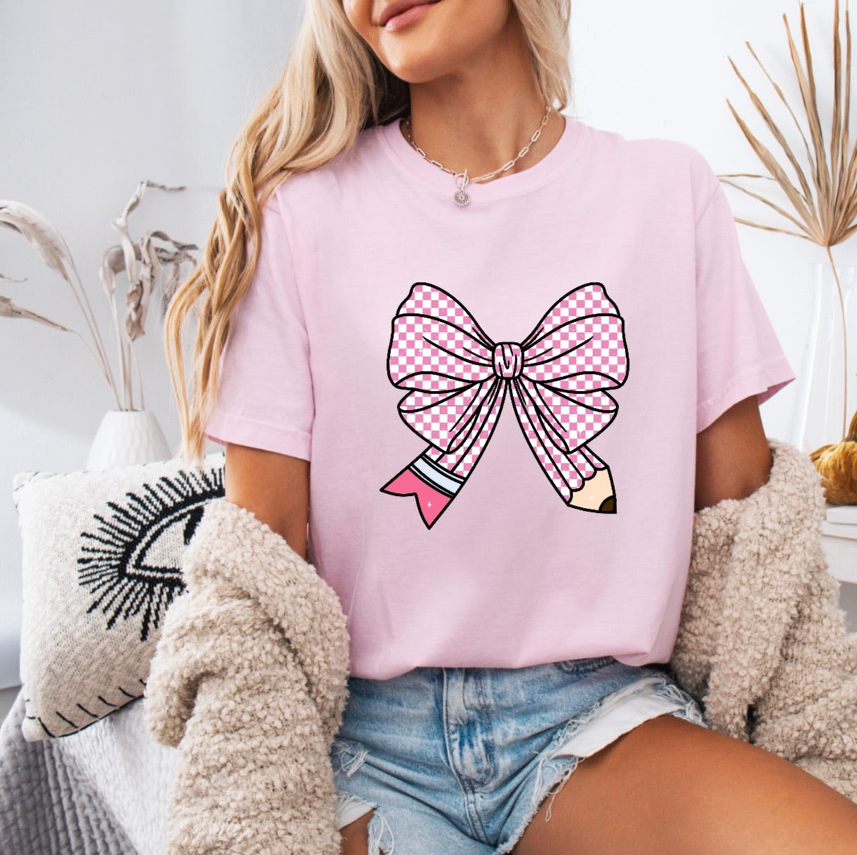 Pink Checkered Pencil Bow Teacher Shirt – Comfort Colors