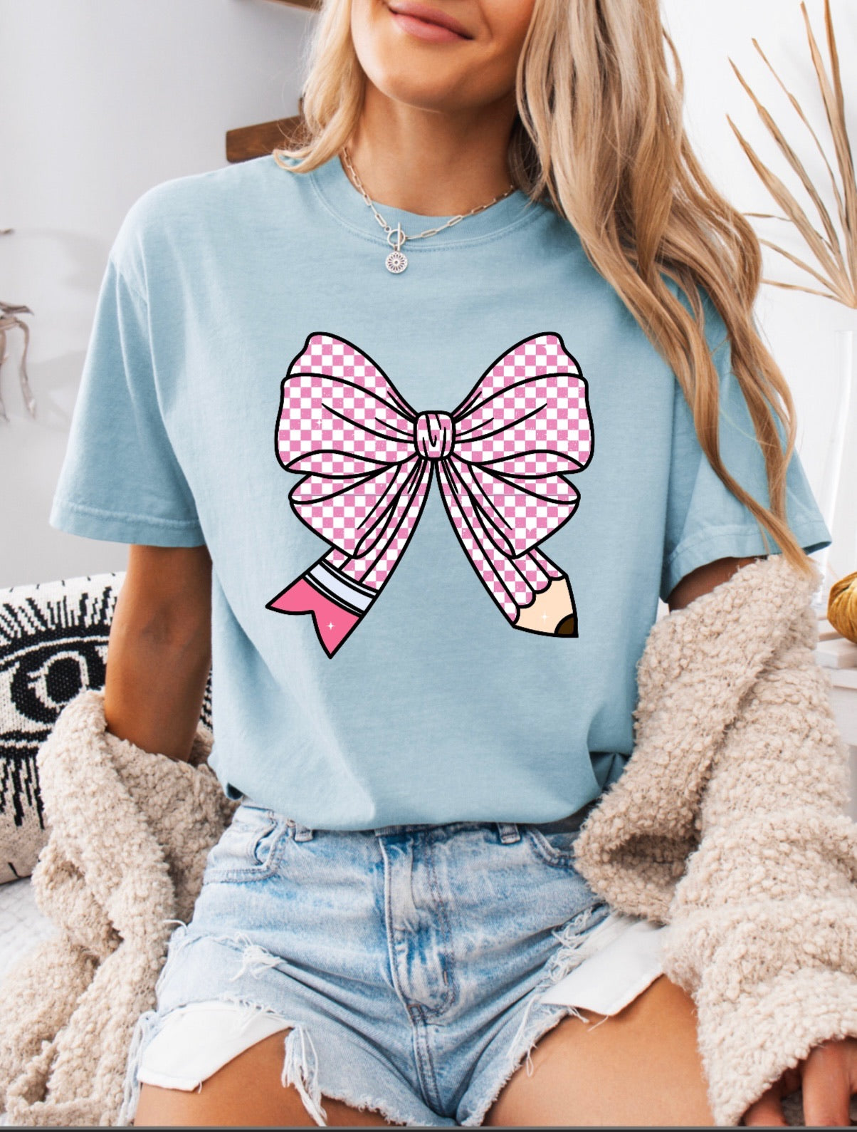 Pink Checkered Pencil Bow Teacher Shirt – Comfort Colors