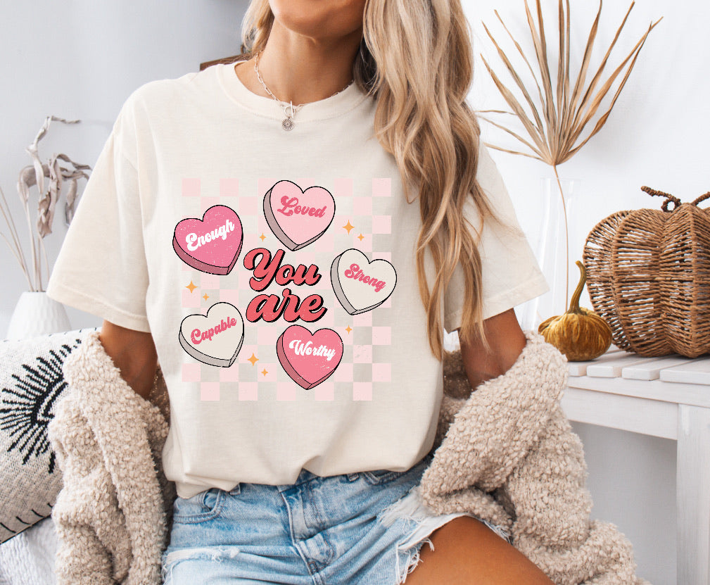 Pink Valentine’s You Are Checkered Conversation Hearts Shirt – Comfort Colors