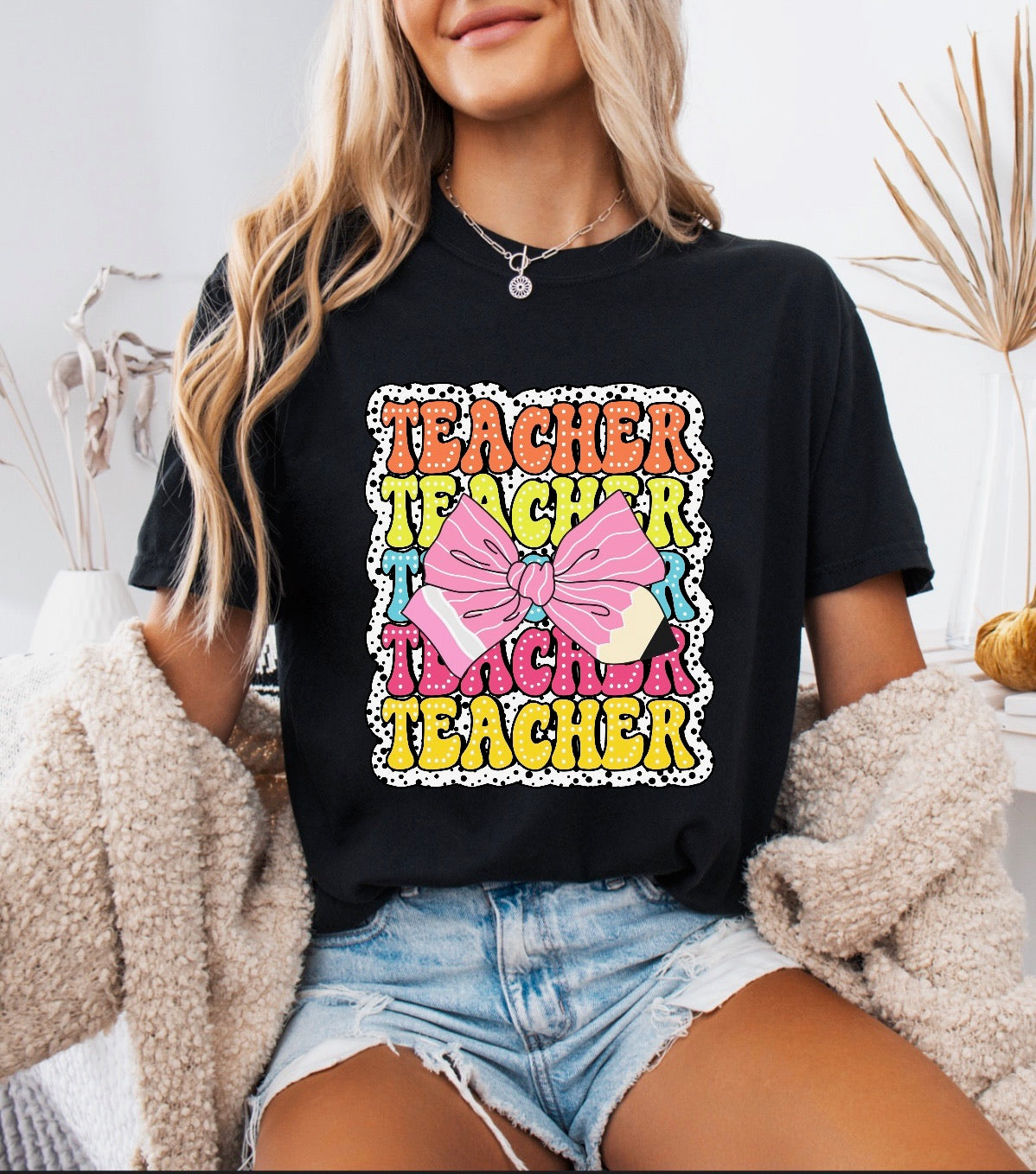 Teacher Teacher Teacher Pencil Bow Shirt – Comfort Colors