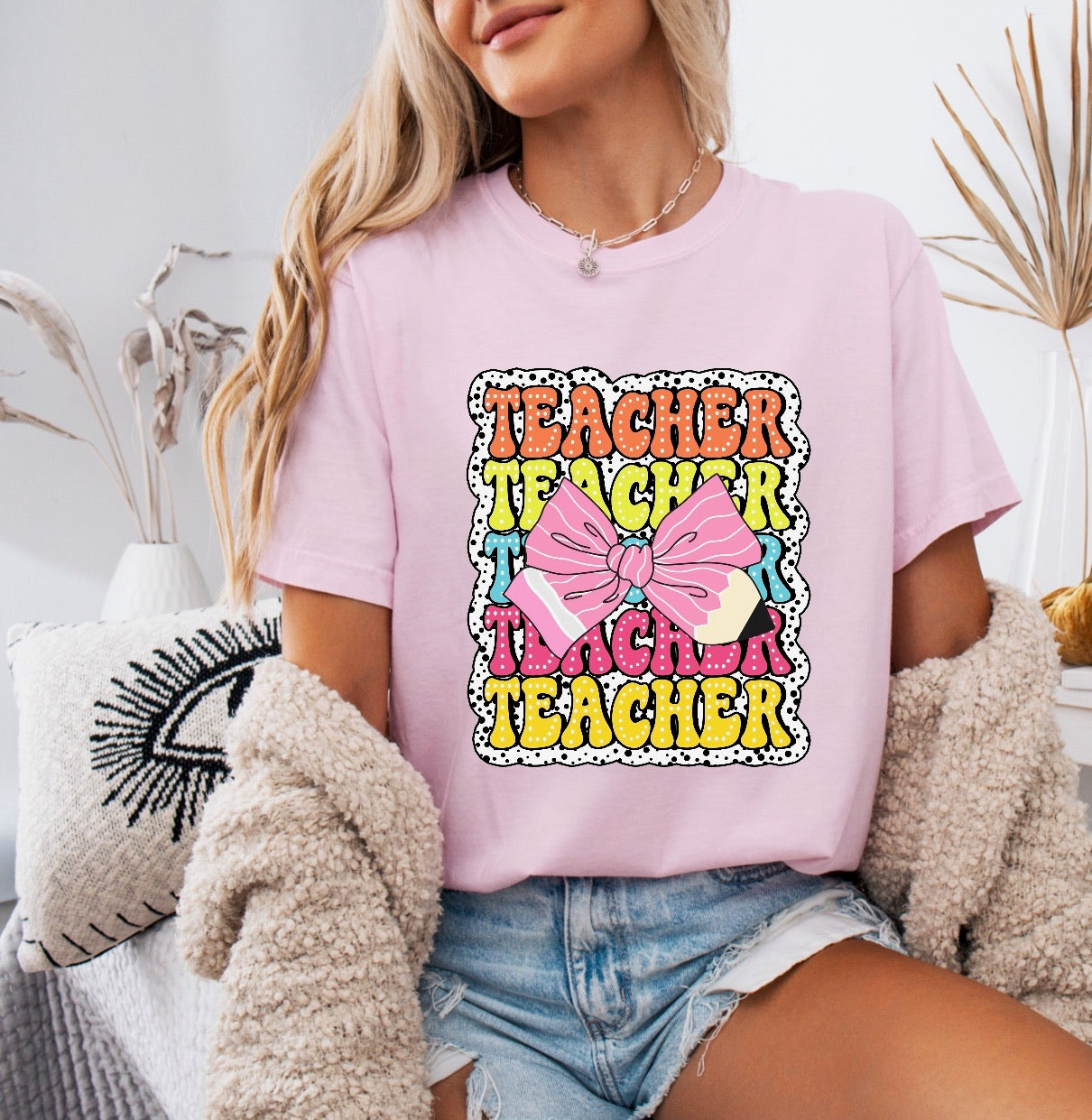 Teacher Teacher Teacher Pencil Bow Shirt – Comfort Colors
