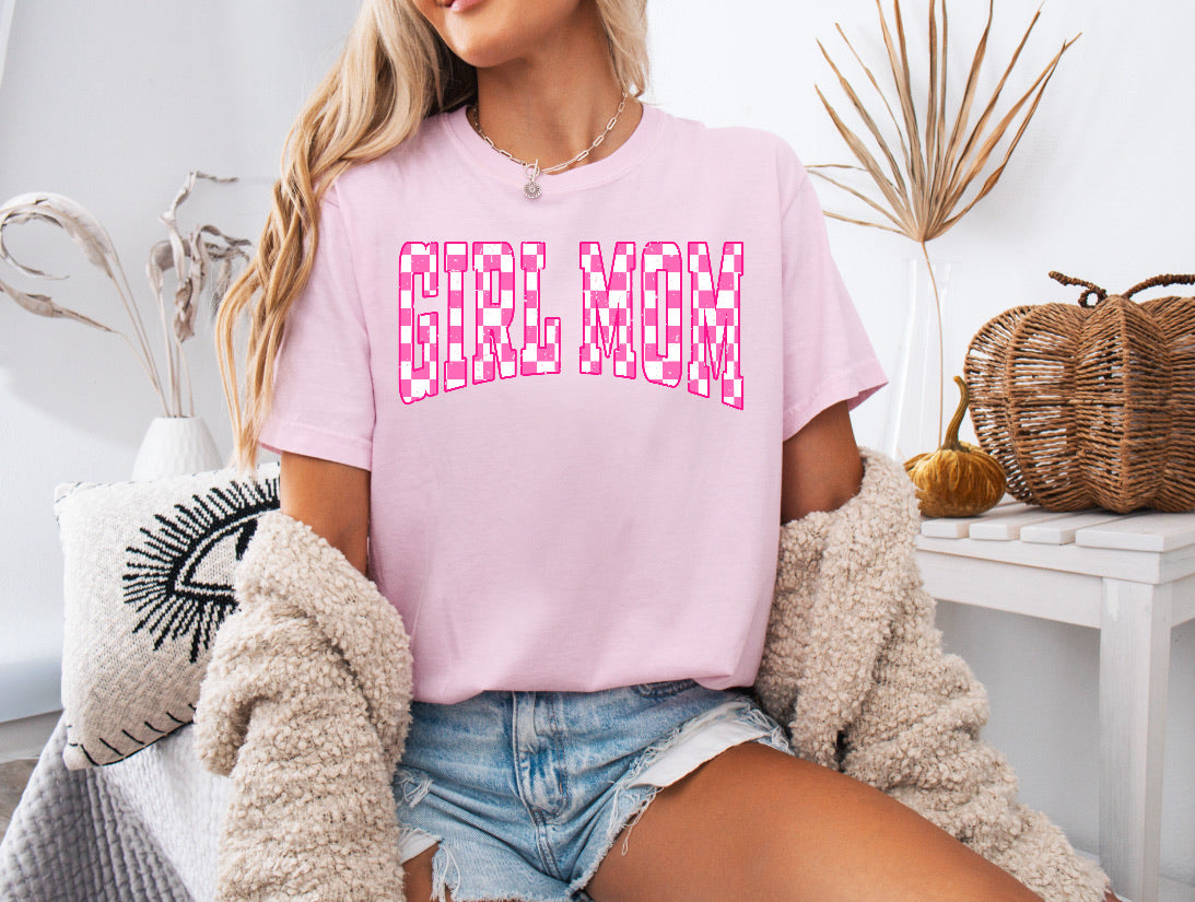 Pink and White Checkered Girl Mom Shirt – Stylish & Comfortable Comfort Colors Tee for Proud Moms