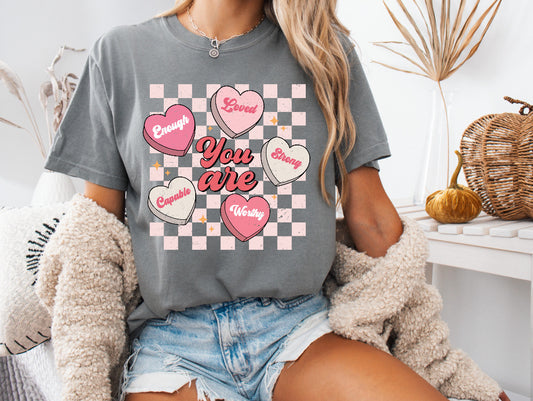 Pink Valentine’s You Are Checkered Conversation Hearts Shirt – Comfort Colors