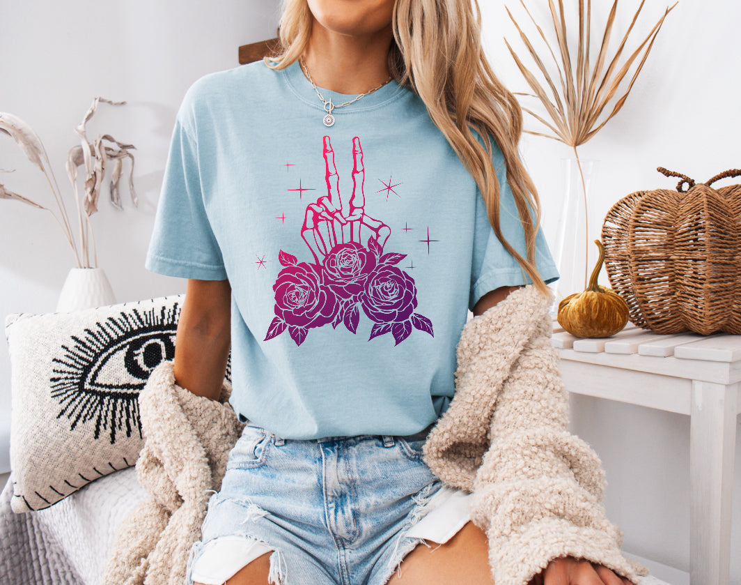 Floral Skeleton Peace Sign Shirt – Comfort Colors