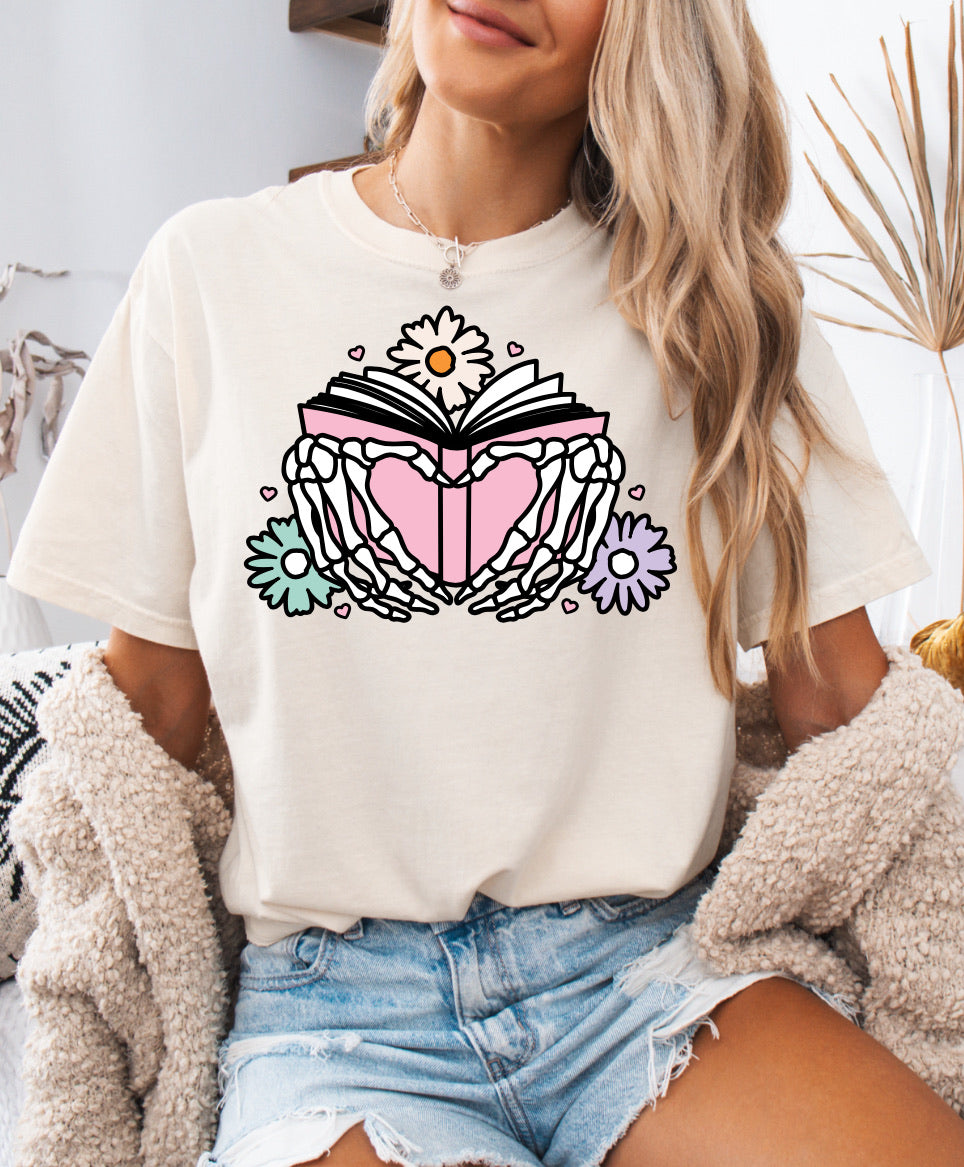 Floral Book with Skeleton Heart, Book Lovers Comfort Colors shirt