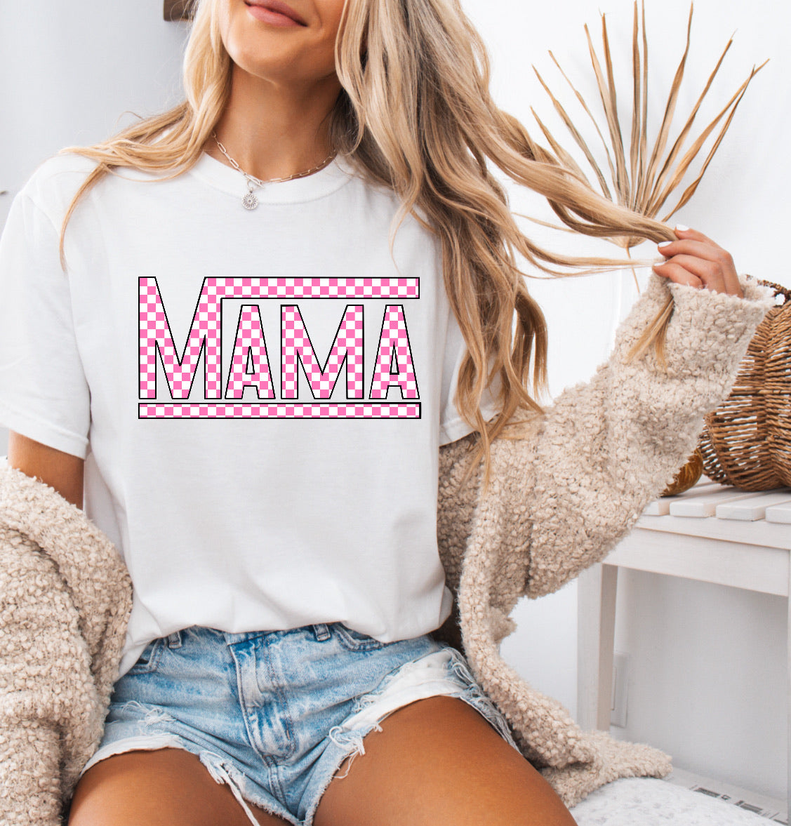 Pink Checkered Mama Shirt – Stylish & Comfortable Comfort Colors Tee for Race Moms