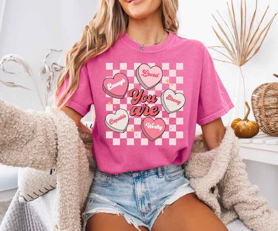 Pink Valentine’s You Are Checkered Conversation Hearts Shirt – Comfort Colors