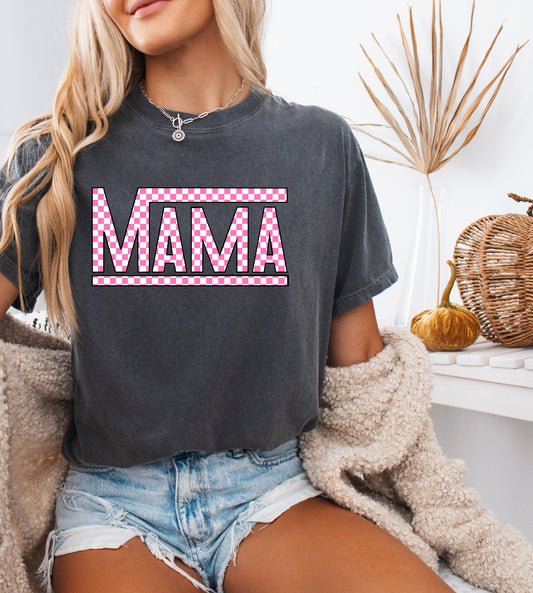 Pink Checkered Mama Shirt – Stylish & Comfortable Comfort Colors Tee for Race Moms