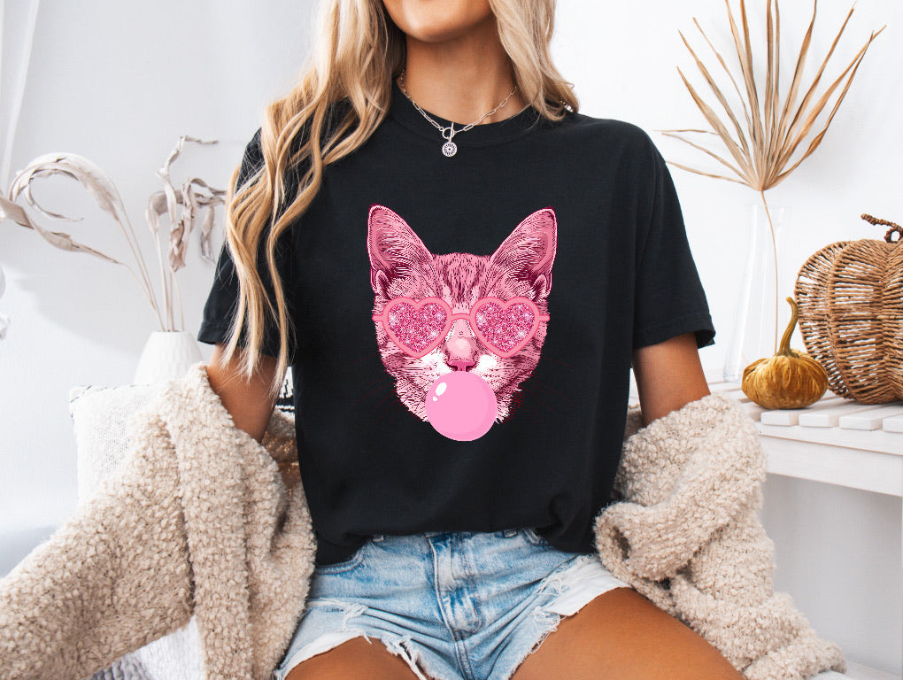 Pink Cat Blowing Bubble Gum Shirt – Fun & Comfortable Comfort Colors Tee for Cat Mamas