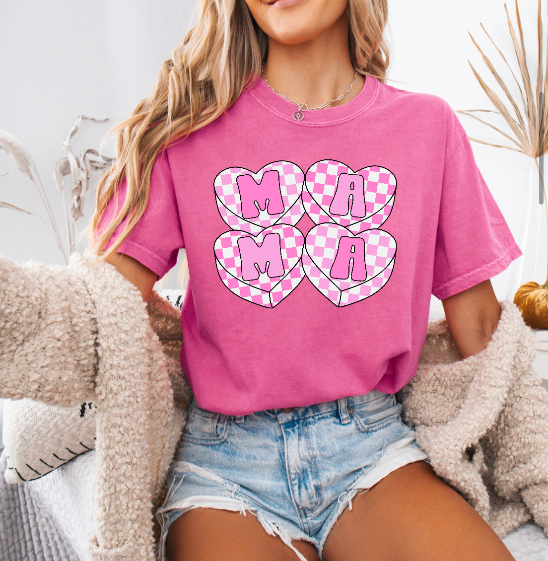 Valentine’s Mama Checkered Hearts Shirt – Comfort Colors