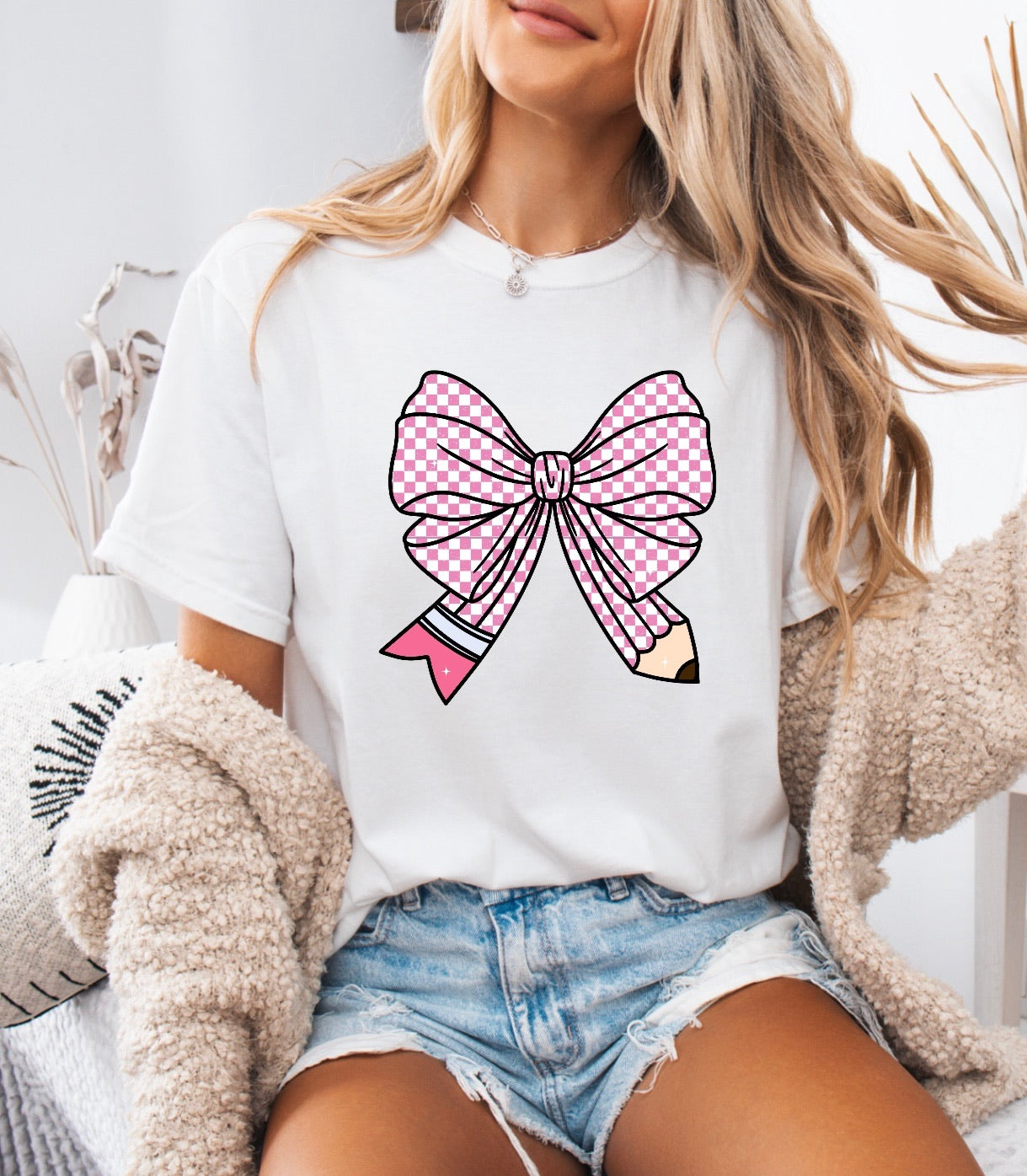 Pink Checkered Pencil Bow Teacher Shirt – Comfort Colors
