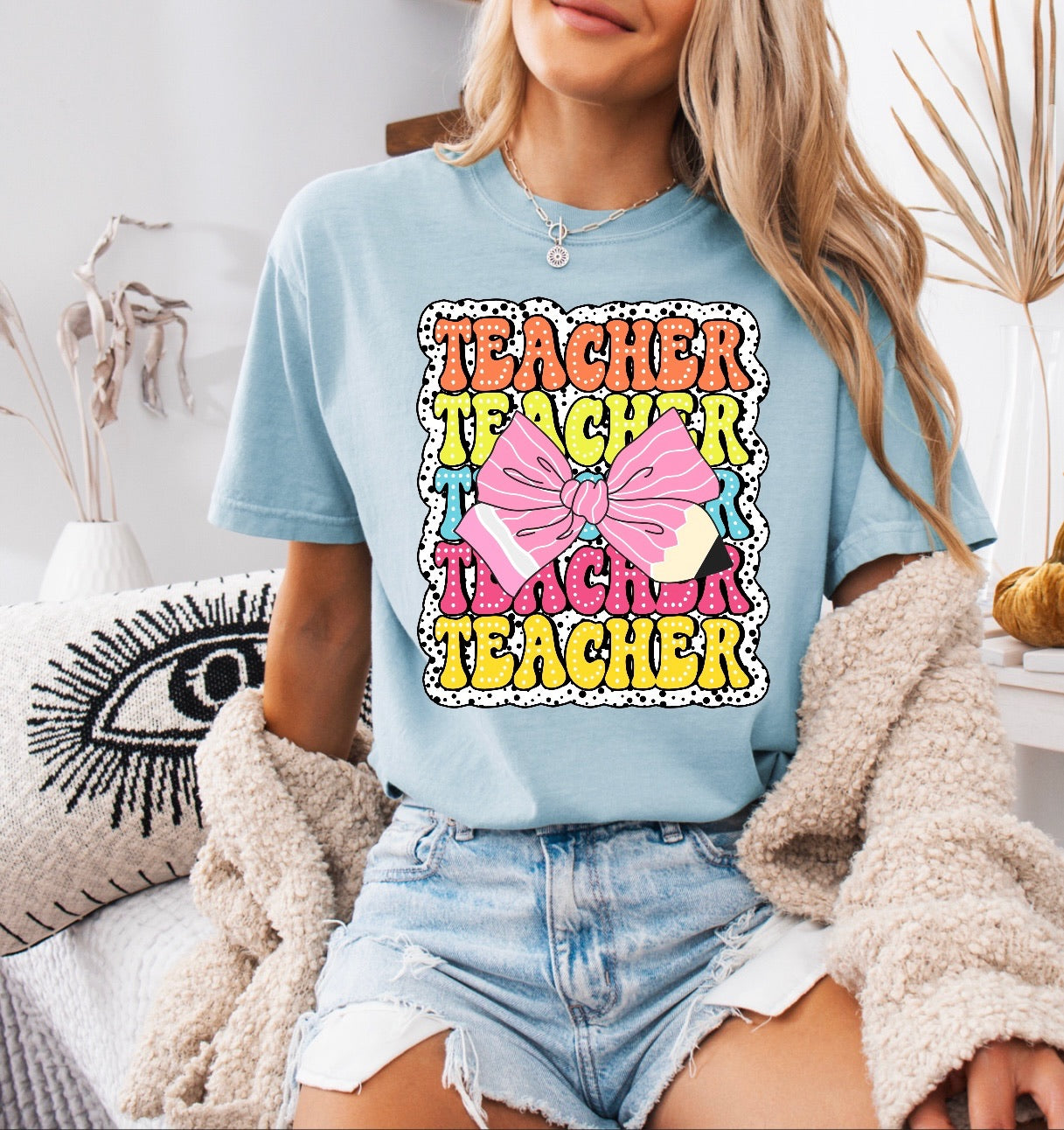 Teacher Teacher Teacher Pencil Bow Shirt – Comfort Colors