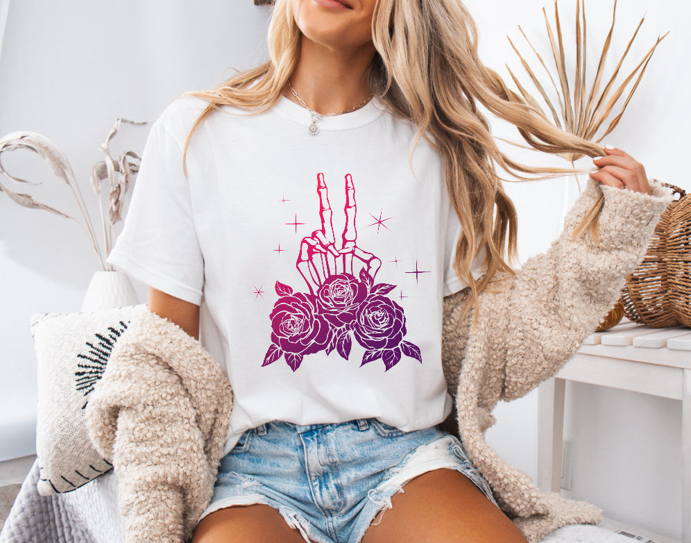 Floral Skeleton Peace Sign Shirt – Comfort Colors