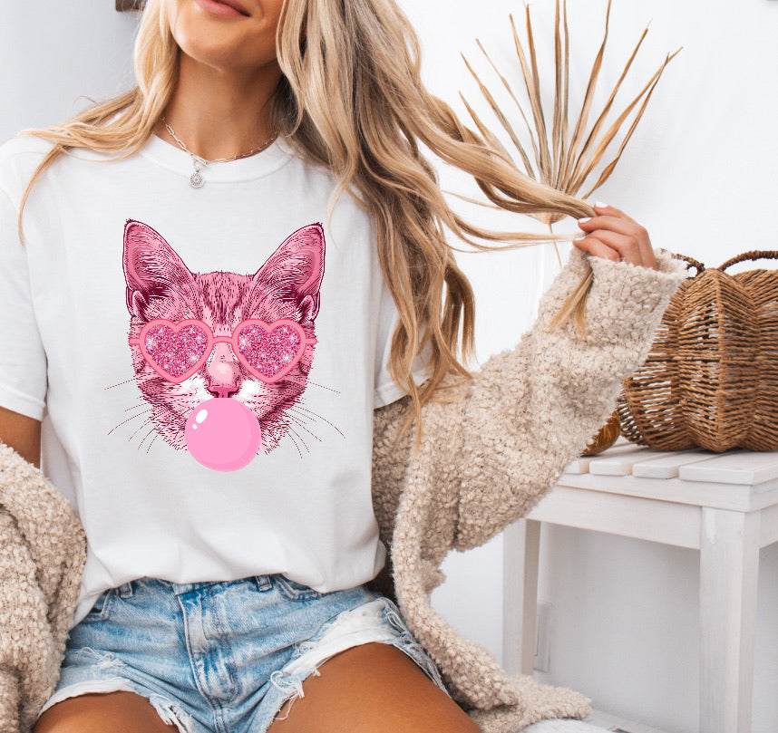 Pink Cat Blowing Bubble Gum Shirt – Fun & Comfortable Comfort Colors Tee for Cat Mamas