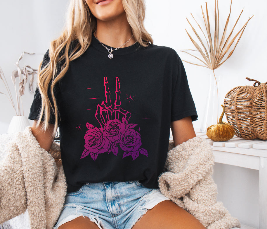 Floral Skeleton Peace Sign Shirt – Comfort Colors