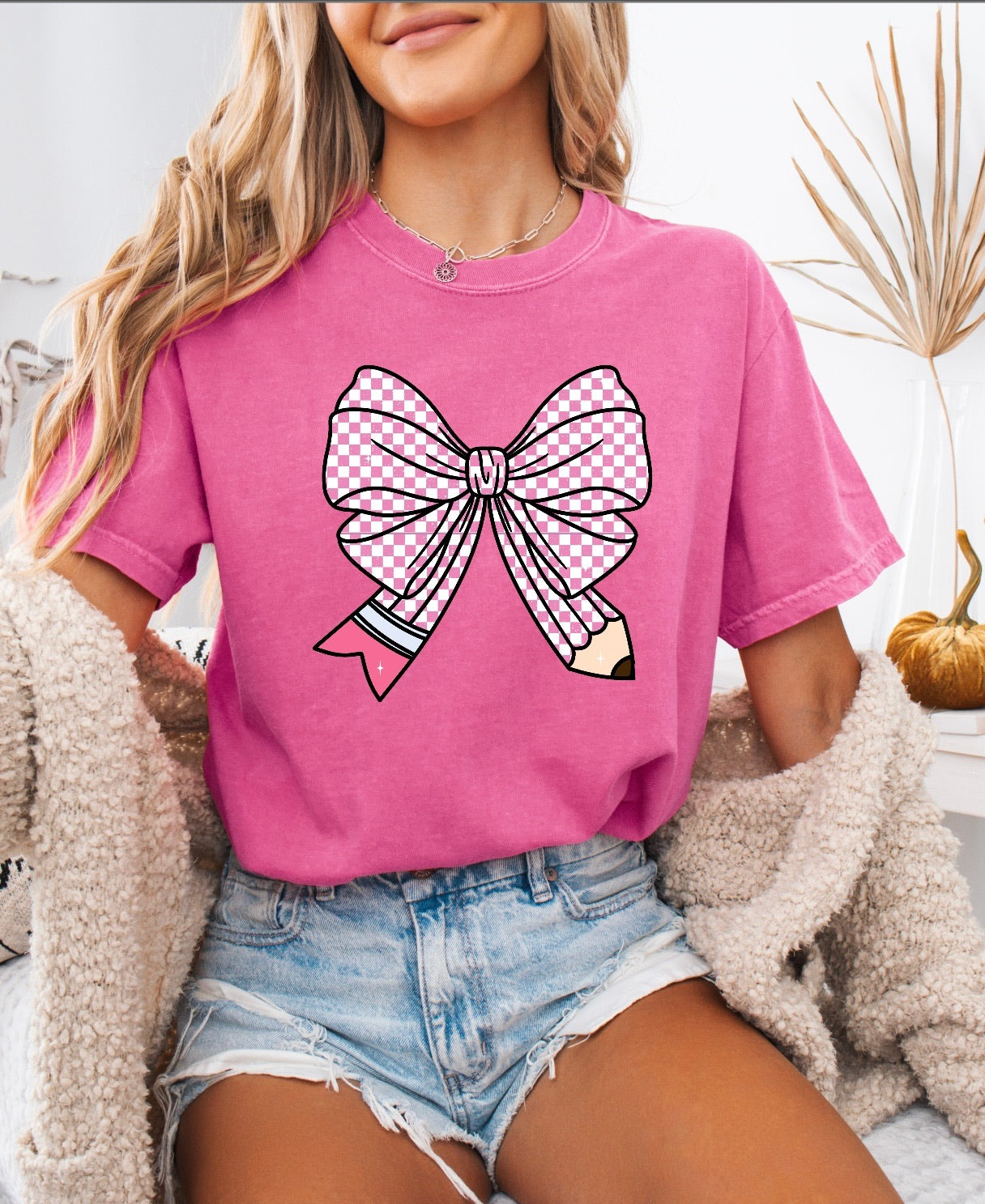 Pink Checkered Pencil Bow Teacher Shirt – Comfort Colors