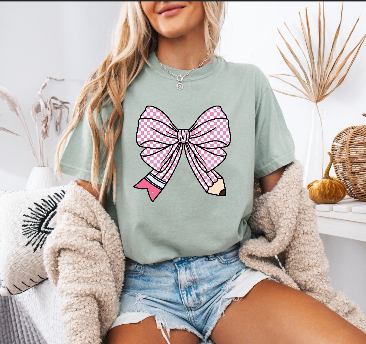 Pink Checkered Pencil Bow Teacher Shirt – Comfort Colors
