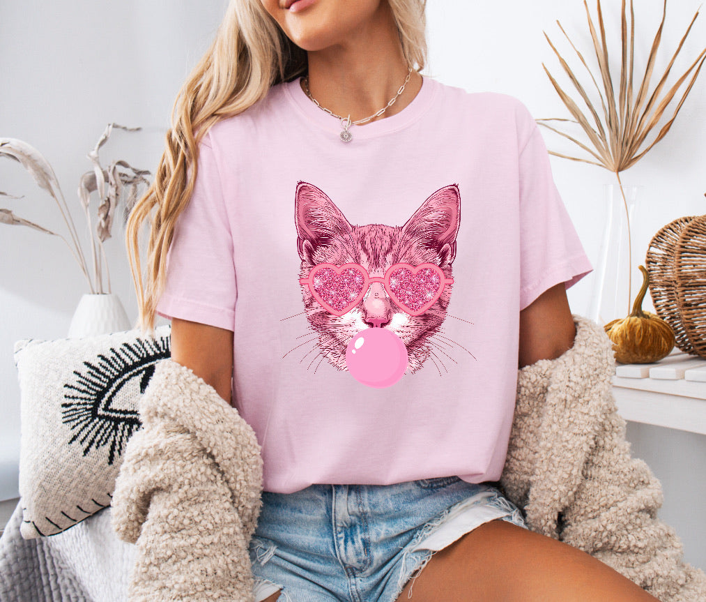 Pink Cat Blowing Bubble Gum Shirt – Fun & Comfortable Comfort Colors Tee for Cat Mamas