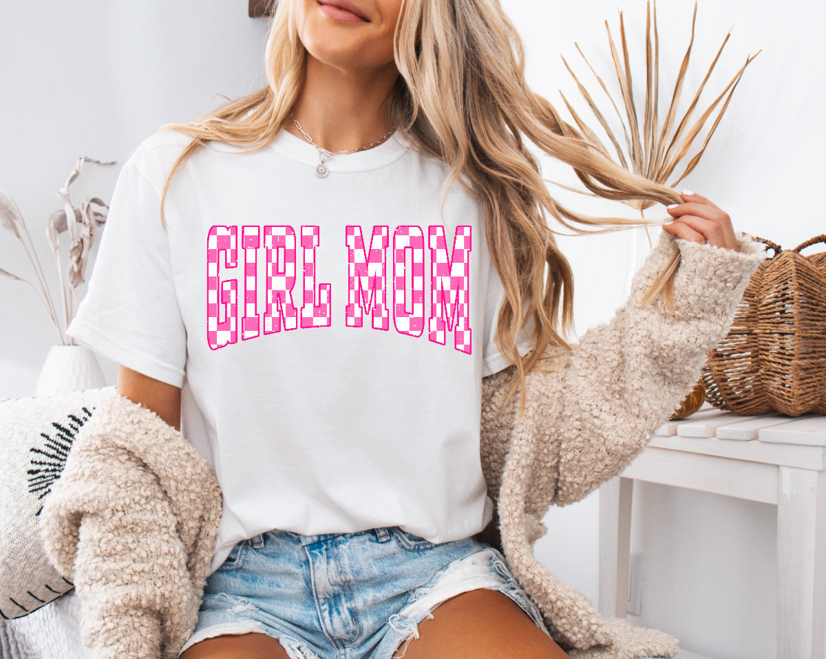Pink and White Checkered Girl Mom Shirt – Stylish & Comfortable Comfort Colors Tee for Proud Moms