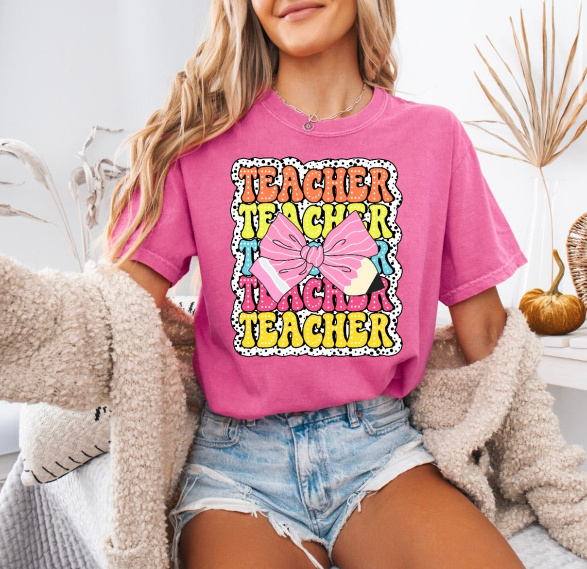Teacher Teacher Teacher Pencil Bow Shirt – Comfort Colors