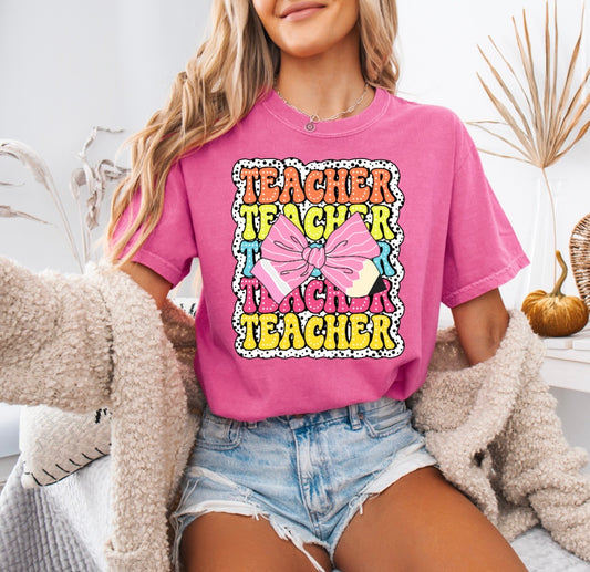 Teacher Teacher Teacher Pencil Bow Shirt – Comfort Colors