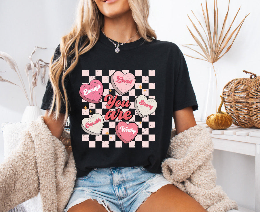Pink Valentine’s You Are Checkered Conversation Hearts Shirt – Comfort Colors