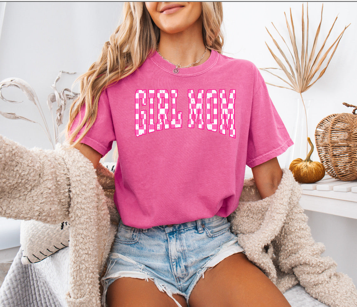 Pink and White Checkered Girl Mom Shirt – Stylish & Comfortable Comfort Colors Tee for Proud Moms