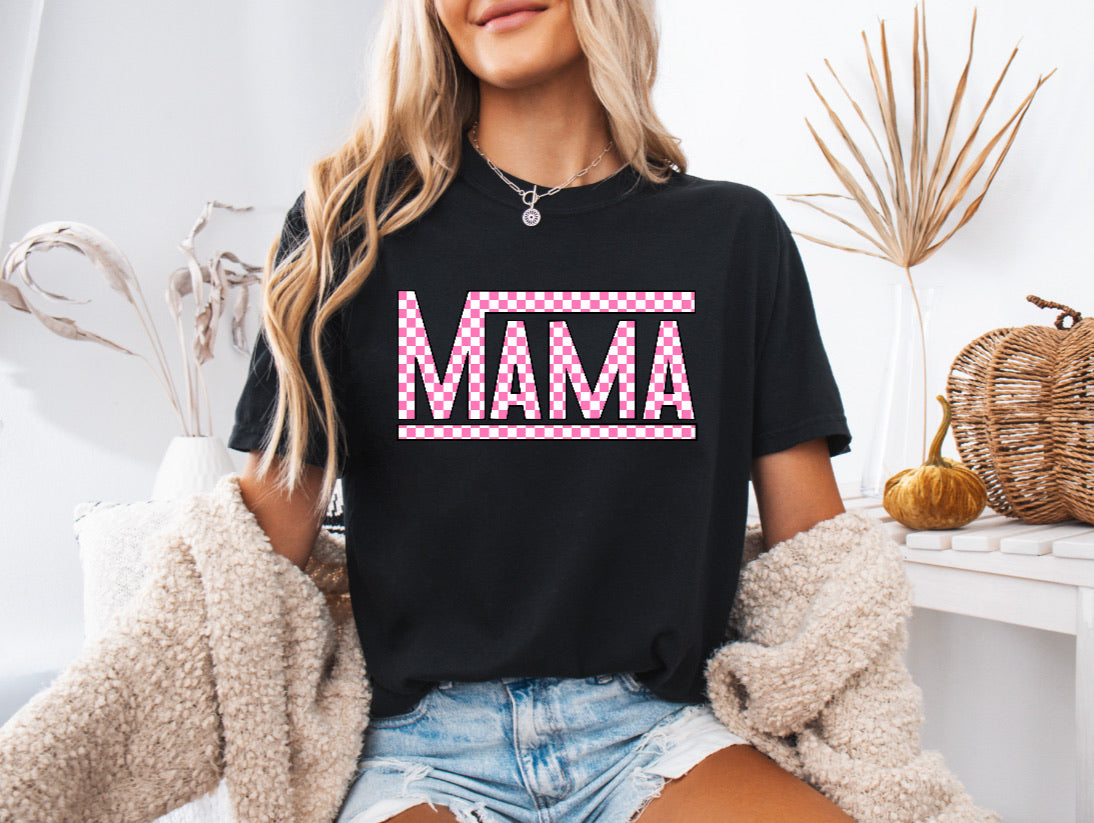 Pink Checkered Mama Shirt – Stylish & Comfortable Comfort Colors Tee for Race Moms