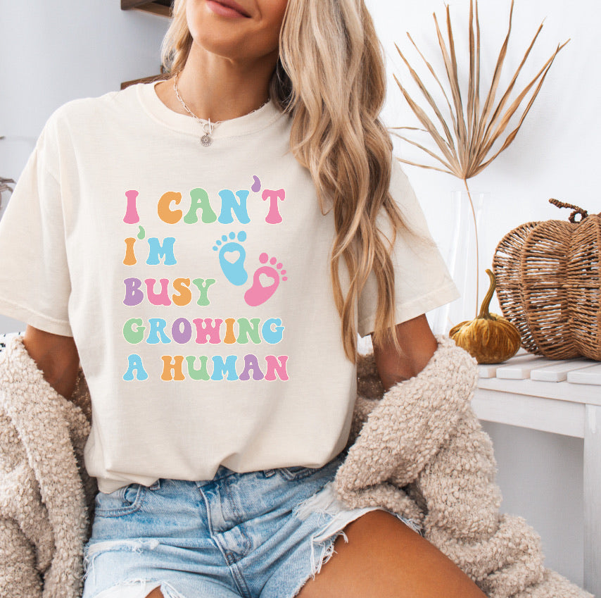 I Can’t I’m Busy Growing a Human Shirt – Fun & Comfy Pregnancy Announcement Tee in Comfort Colors