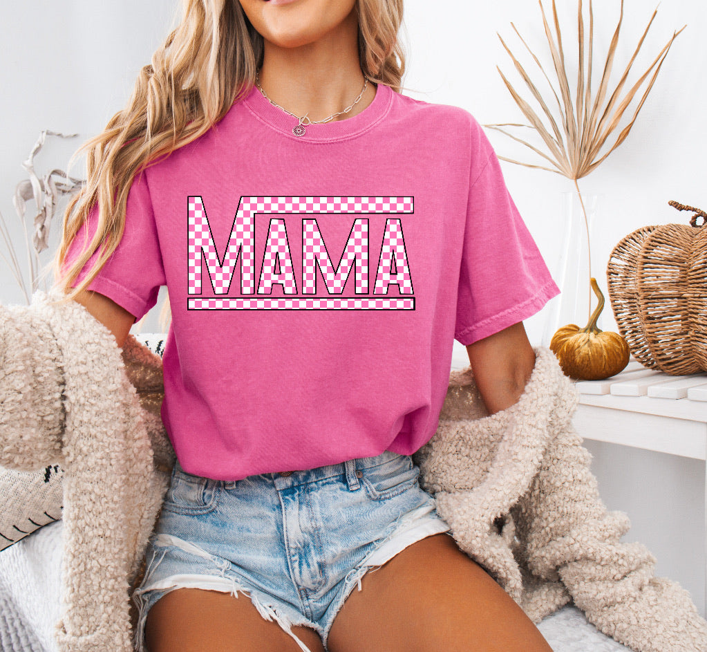 Pink Checkered Mama Shirt – Stylish & Comfortable Comfort Colors Tee for Race Moms