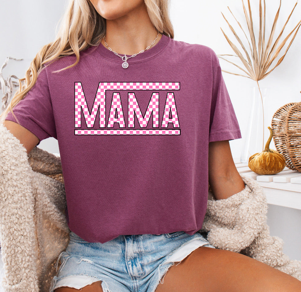 Pink Checkered Mama Shirt – Stylish & Comfortable Comfort Colors Tee for Race Moms